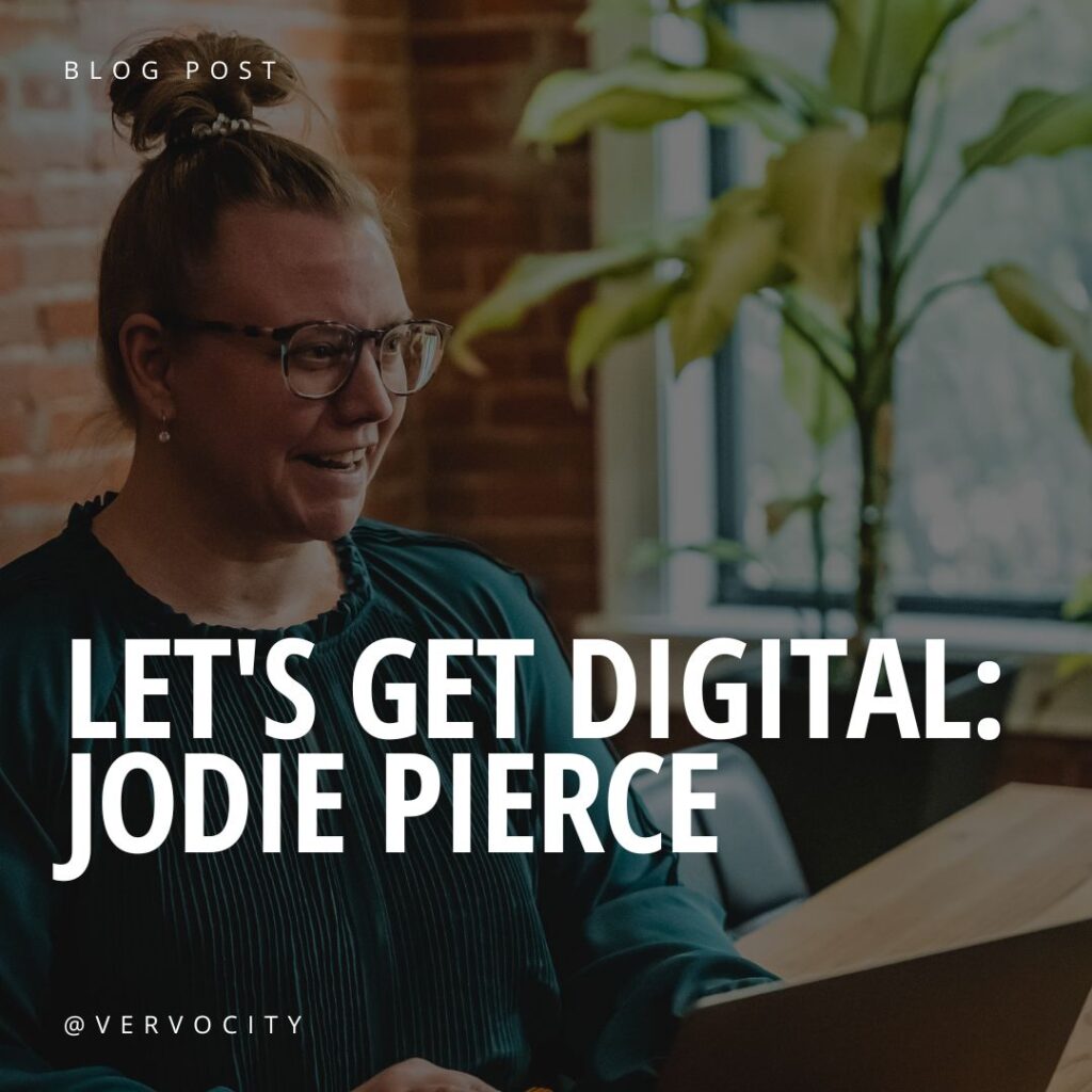 Jodie Pierce shown smiling in background with text overlay