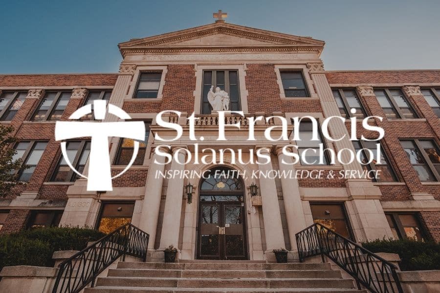 St. Francis Solanus School Logo Overlaying Building